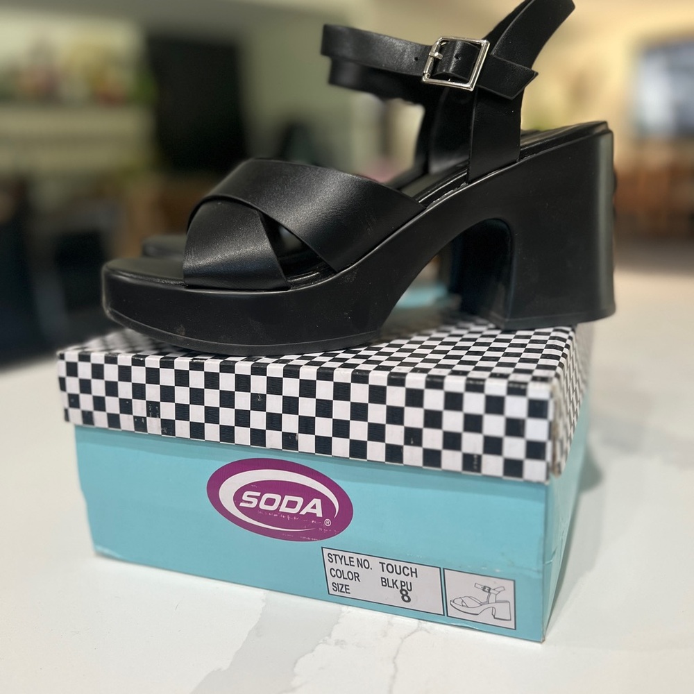 Soda Black Strappy Platform Heels